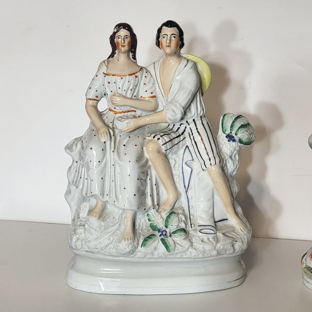 Staffordshire Antique Seated Couple Figurine Flatback Hand Painted Ceramic 11in